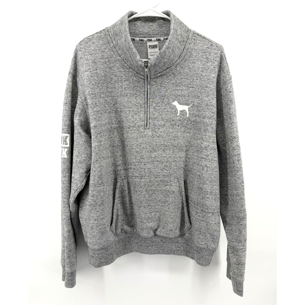 PINK Victoria's Secret Sweatshirt Women L Gray Excellent 1/4 Zip Logo Pullover